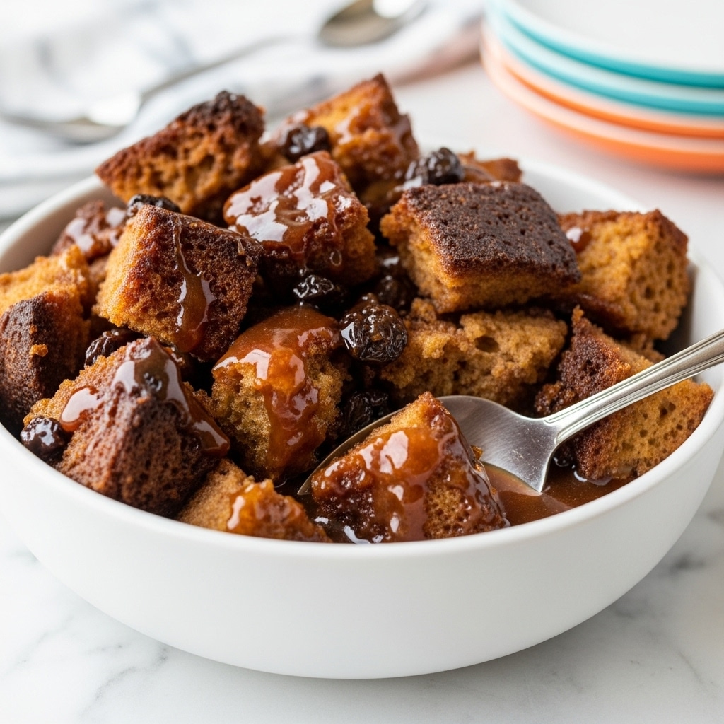 The image shows a close-up of a white bowl filled with rough, chunky pieces of baked bread pudding, browned on the edges, soaked in a rich, glossy caramel sauce that pools slightly at the bottom. A silver spoon is resting inside the bowl, with the tip dipped into the caramel, ready to scoop. The bowl sits on a white marbled surface, and in the blurred background, there is a stack of small white plates with one turquoise and one orange plate visible. photo taken with an iphone --ar 4:5 --v 7