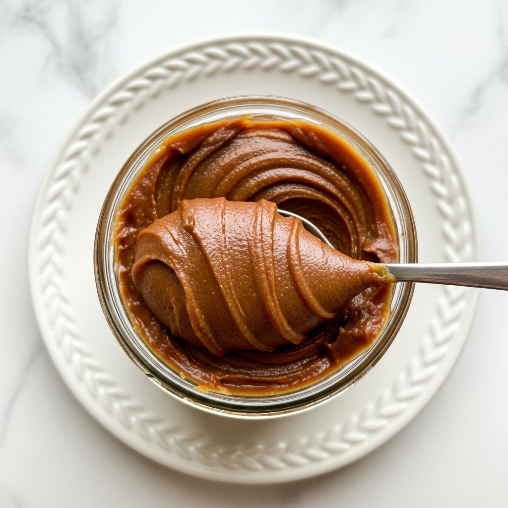A close-up top view of a small jar filled with thick, smooth, dark brown paste, with a spoon dipped inside. The paste has a glossy texture with soft folds and peaks gathered by the spoon. The jar is placed on a white plate with a woven or braided pattern around the edge, all sitting on a white marbled surface. photo taken with an iphone --ar 4:5 --v 7