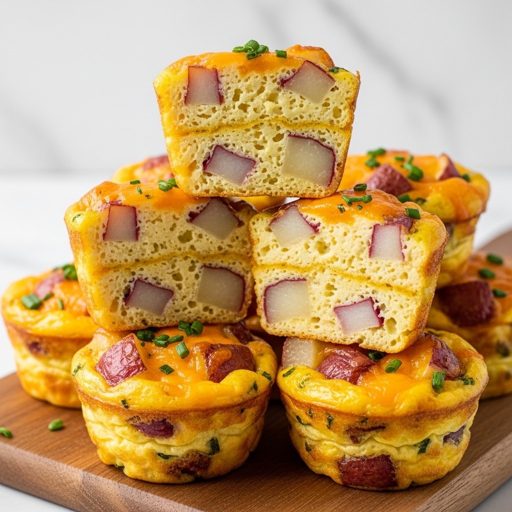 The image shows a stack of mini egg muffins on a wooden board placed on a white marbled surface. Each muffin has multiple layers made up of light yellow cooked eggs, mixed with visible chunks of red-skinned potatoes and bits of melted orange cheese on top. The top two muffins are cut in half, revealing the soft, fluffy inside with potato chunks embedded in the egg. Green herb sprinkles cover the top, adding freshness to the golden-orange baked surface of the muffins. The muffins are arranged in a casual pile, showcasing their thick, fluffy texture and varied colors of yellow, orange, red, and green. Photo taken with an iphone --ar 4:5 --v 7