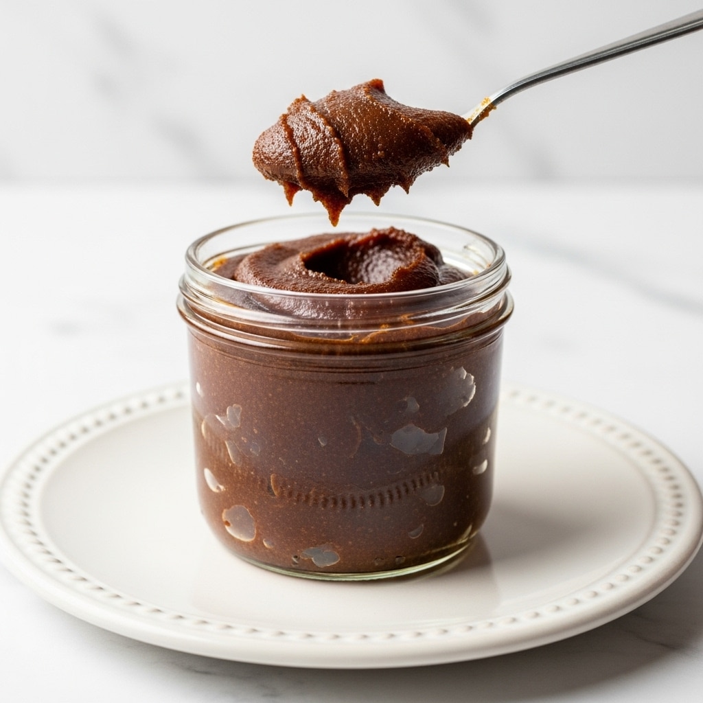 A small clear glass jar filled with thick, dark brown paste with a slightly glossy texture, sitting on a white plate with a braided rim. A metal spoon stuck into the jar holds a swirled scoop of the paste above the jar’s opening, showing its dense and smooth consistency. The background is a white marbled surface. Photo taken with an iphone --ar 4:5 --v 7