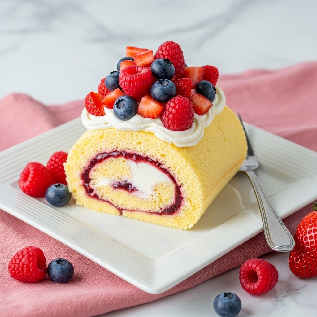 A light yellow Swiss roll cake slice with a soft, spongy texture is layered with a thick white cream swirled with a thin layer of red jam. The top center of the cake is decorated with fresh, glossy red raspberries, bright blue blueberries, and chopped red strawberries, creating a vibrant mix of colors. The cake sits on a square white plate with subtle ridges, over a pink cloth on a white marbled surface. A silver fork rests diagonally behind the cake on the plate. Around the plate, a few loose raspberries, blueberries, and one strawberry add a natural, fresh touch. Photo taken with an iphone --ar 4:5 --v 7