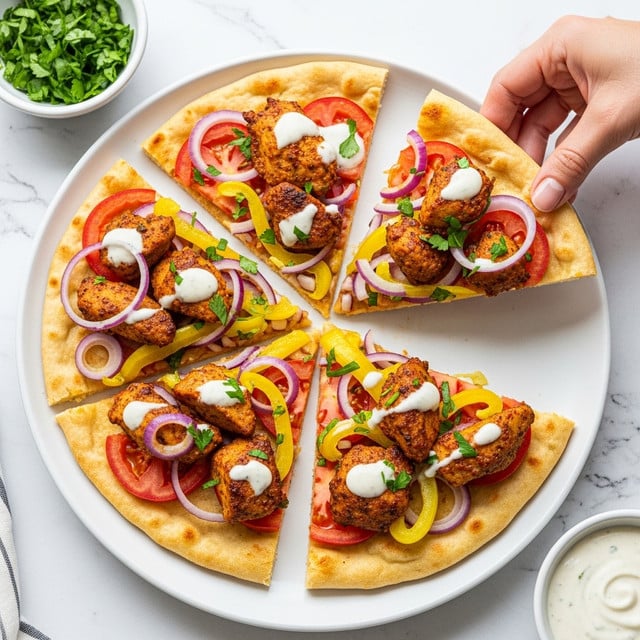 A white plate holds a flatbread cut into three large triangular slices, with one slice being lifted by a woman's hand. Each slice has a base layer of flatbread with a light golden-brown toasted texture. On top are slices of bright red tomatoes and thin rings of purple onion, scattered unevenly. There are also strips of yellow pepper and a generous amount of browned, seasoned chicken pieces with a slightly crispy texture. The chicken and vegetables are drizzled with a creamy white sauce and sprinkled with chopped fresh green herbs. The plate is placed on a white marbled surface with a small bowl of green herbs and another bowl of creamy sauce nearby. photo taken with an iphone --ar 4:5 --v 7