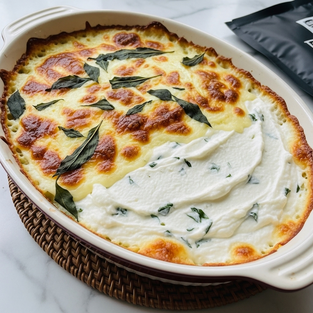 A baked dish in a white oval baking dish featuring a creamy, slightly browned top layer of melted cheese mixed with green herb leaves scattered across the surface. Below the cheese is a thick white cream layer with visible green herb bits, showing a rich and smooth texture. The edges of the dish have a golden-brown baked crust, indicating the cheese is well-cooked. The dish rests on a woven brown mat, placed on a white marbled surface, with part of a black packet visible in the background. photo taken with an iphone --ar 4:5 --v 7