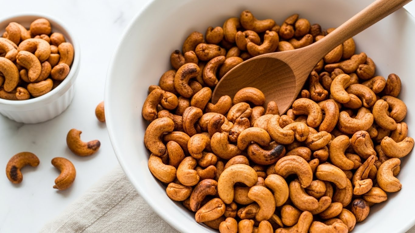 A small wooden bowl filled with roasted cashew nuts, golden brown and slightly shiny with a light coating of spices. Some cashews are scattered casually in front of the bowl on a dark flat surface. The bowl is centered with the cashews showing their curved, smooth texture and some darker roasted edges visible. The background is simple with soft lighting highlighting the warm tones of the nuts. photo taken with an iphone --ar 4:5 --v 7