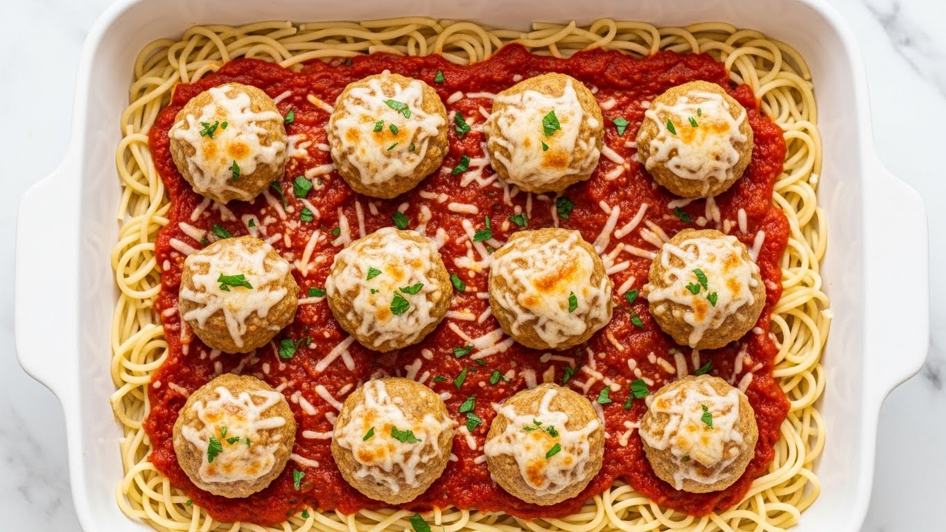 The dish shows a white rectangular baking dish filled with a bottom layer of cooked spaghetti pasta, pale yellow in color with a smooth texture, spread evenly across the base. On top of the pasta, there is a thick layer of bright red marinara sauce with a slightly chunky texture, covering most of the noodles but leaving the edges visible. Arranged evenly on top are nine golden-brown meatballs, each covered with melted cheese that is lightly browned and bubbly, giving a textured and appetizing look. Small green parsley leaves are sprinkled on top of the meatballs and sauce, adding a fresh pop of color. The dish sits on a white marbled surface. photo taken with an iphone --ar 4:5 --v 7
