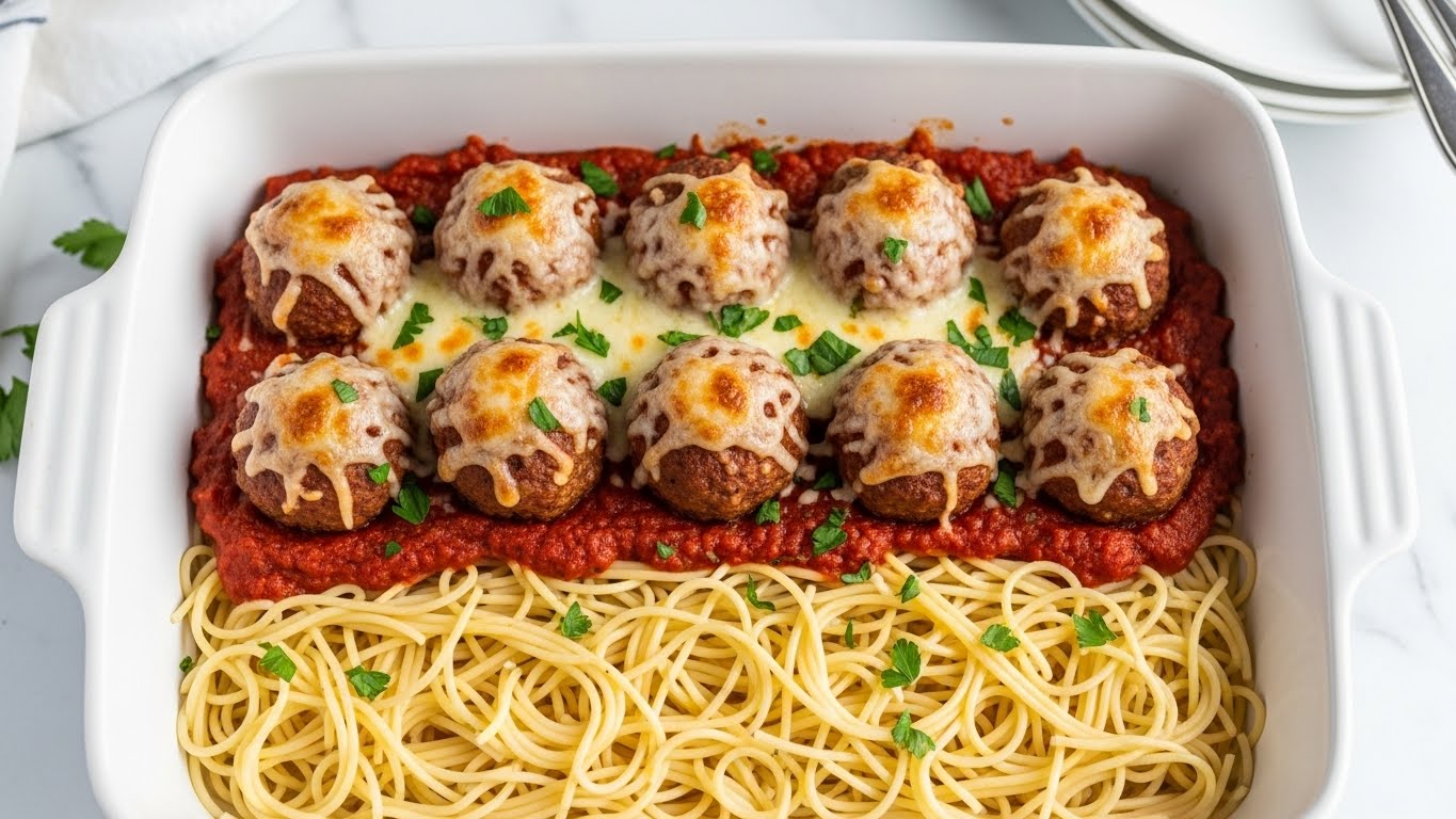 The image shows a white rectangular baking dish filled with a layer of cooked spaghetti at the bottom, pale yellow in color with a smooth texture. Above the pasta, there is a thick, rich red tomato sauce spread evenly. On top of the sauce, there are nine browned meatballs, each topped with melted, slightly golden cheese and garnished with small green parsley leaves scattered over the whole dish. The dish is placed on a white marbled surface, with part of a white plate and silverware visible in the background. Photo taken with an iphone --ar 4:5 --v 7
