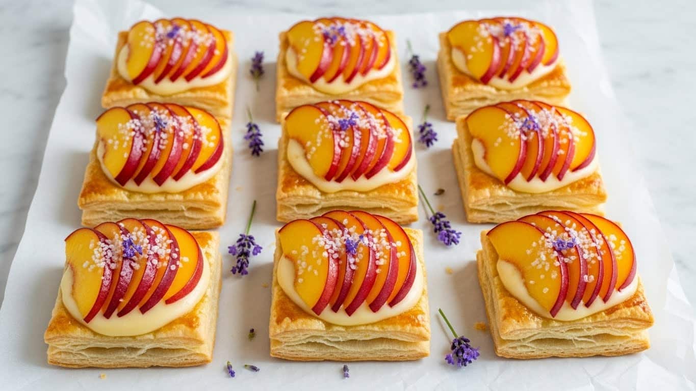 Nine square peach tarts are arranged in a 3x3 grid on white parchment paper over a white marbled surface. Each tart has three layers: the bottom layer is a golden-brown flaky pastry crust with a slightly crispy texture, the middle layer is a light cream-colored glaze that looks smooth and shiny, and the top layer is made of neatly fanned peach slices with a bright yellow-orange color and red blush edges. Small purple lavender flowers are scattered on and around some of the tarts, adding a delicate touch of color. The tarts have a light sprinkle of sugar crystals on top, enhancing the glossy finish. photo taken with an iphone --ar 4:5 --v 7