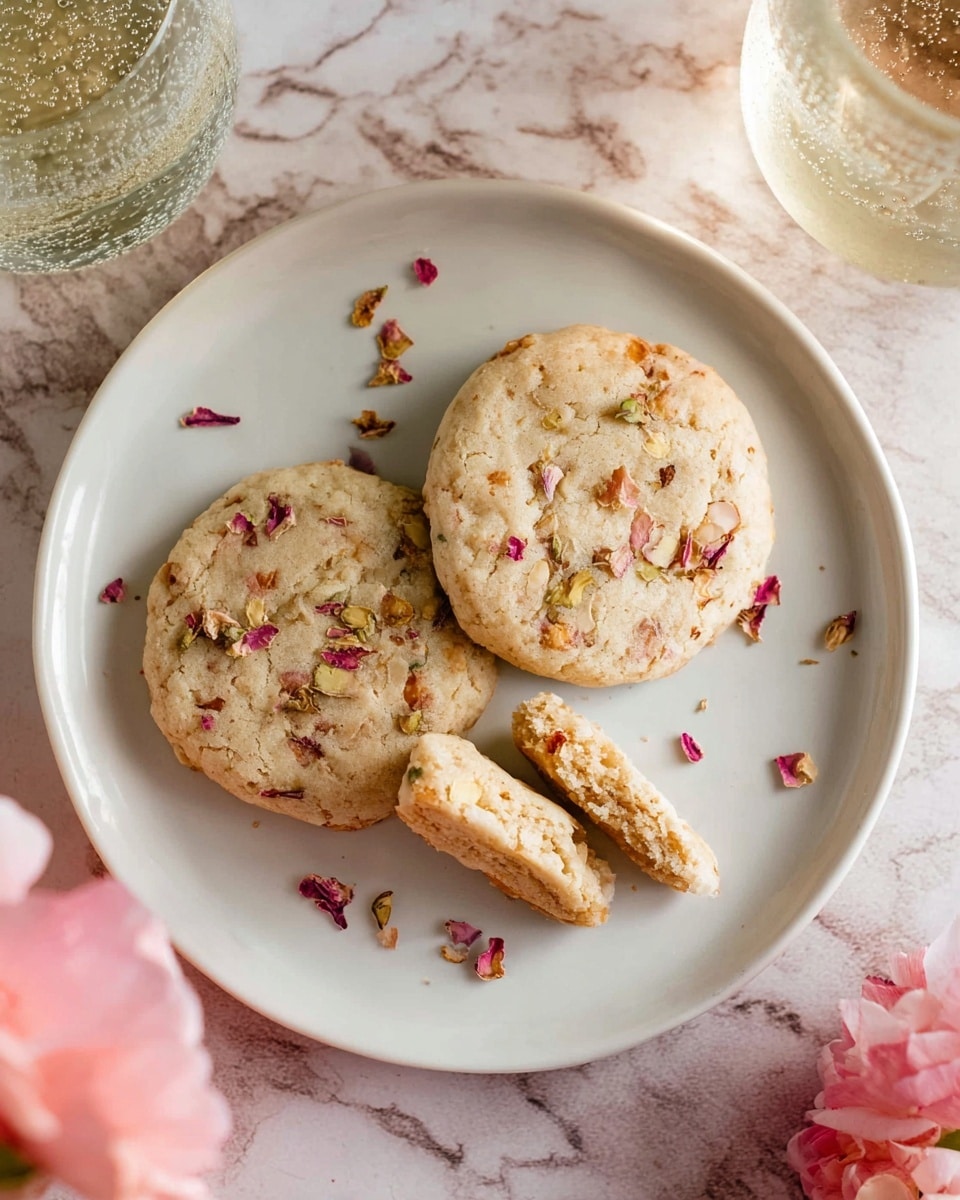 Three round cookies with bits of nuts and small rose petals mixed into the dough are placed on a white plate. One cookie is broken in half, showing a crumbly texture inside. The cookies have a pale, light brown color with uneven edges and scattered nut pieces. Around the plate, a few pink rose petals add a soft color contrast. The plate rests on a white marbled surface, with a transparent glass of sparkling water seen to the left and soft pink flowers to the bottom right. Photo taken with an iphone --ar 4:5 --v 7