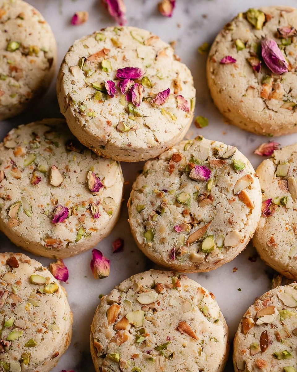 The image shows multiple round cookies closely placed on a white marbled surface, each cookie light golden beige in color with rough texture and visible chunks of crushed nuts in shades of light brown and green spread evenly throughout. Scattered small pink rose petals are placed on and around the cookies, adding soft splashes of color. The cookies have a slightly cracked top surface with an uneven yet rustic finish. photo taken with an iphone --ar 4:5 --v 7