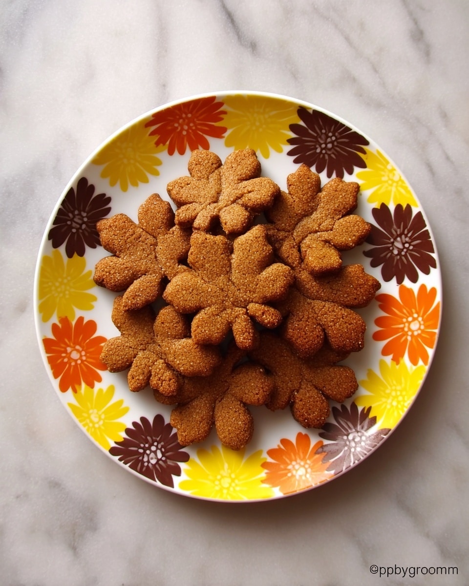 A white plate with bright orange, yellow, and brown flowers around the edge holds nine brown leaf-shaped cookies arranged in a circle, showing a rough texture on their surface. The plate sits on a white marbled background. photo taken with an iphone --ar 4:5 --v 7
