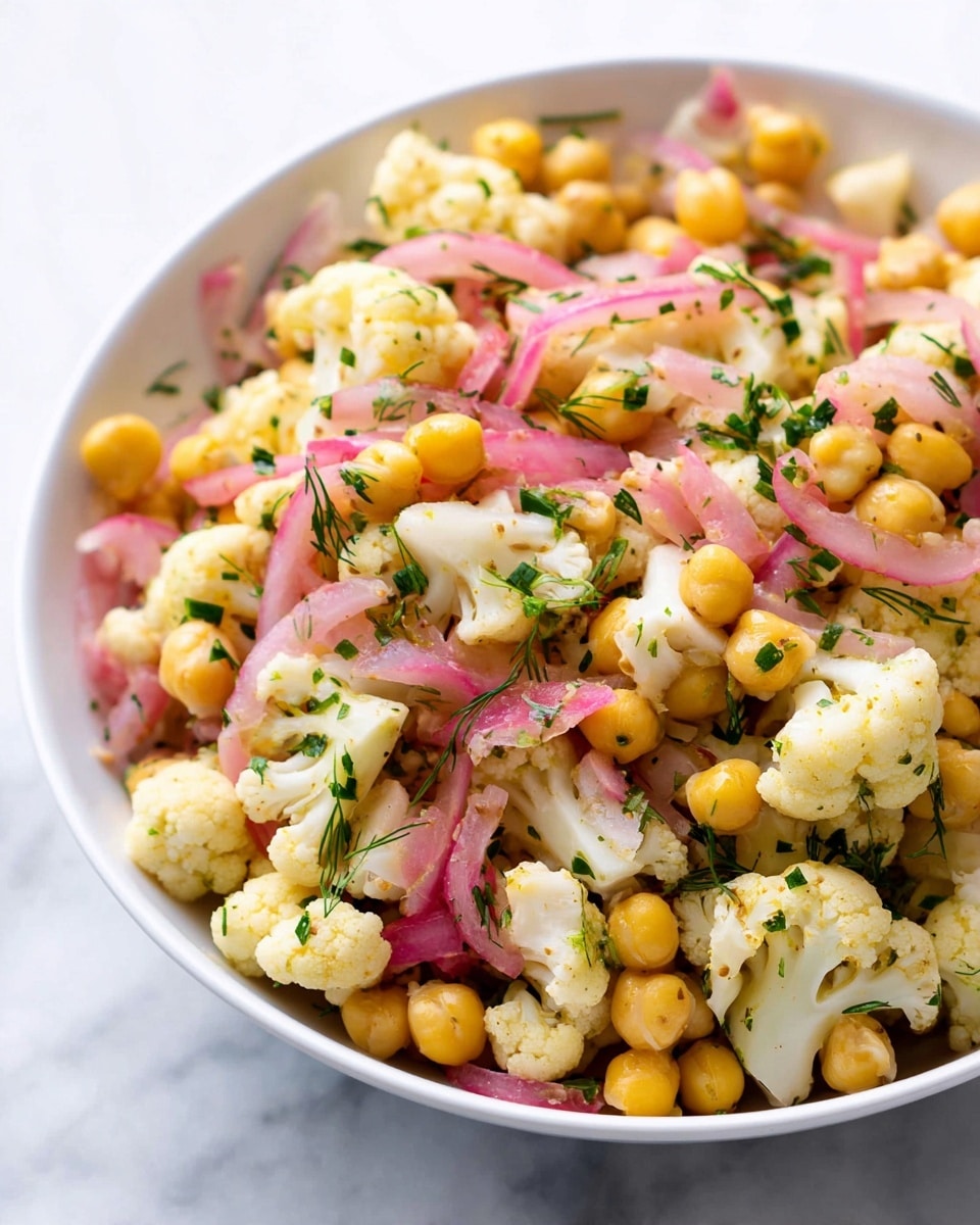 A close-up image shows a white bowl filled with a chickpea and cauliflower salad. The dish has three main layers visible: small yellow chickpeas scattered throughout, white cauliflower florets broken into bite-sized pieces, and thin slices of light pink pickled onions mixed evenly. Bright green chopped herbs are sprinkled all over, adding a fresh look. The salad appears lightly dressed with a shiny coating that makes it look moist and flavorful. The bowl sits on a surface with a white marbled texture. photo taken with an iphone --ar 4:5 --v 7