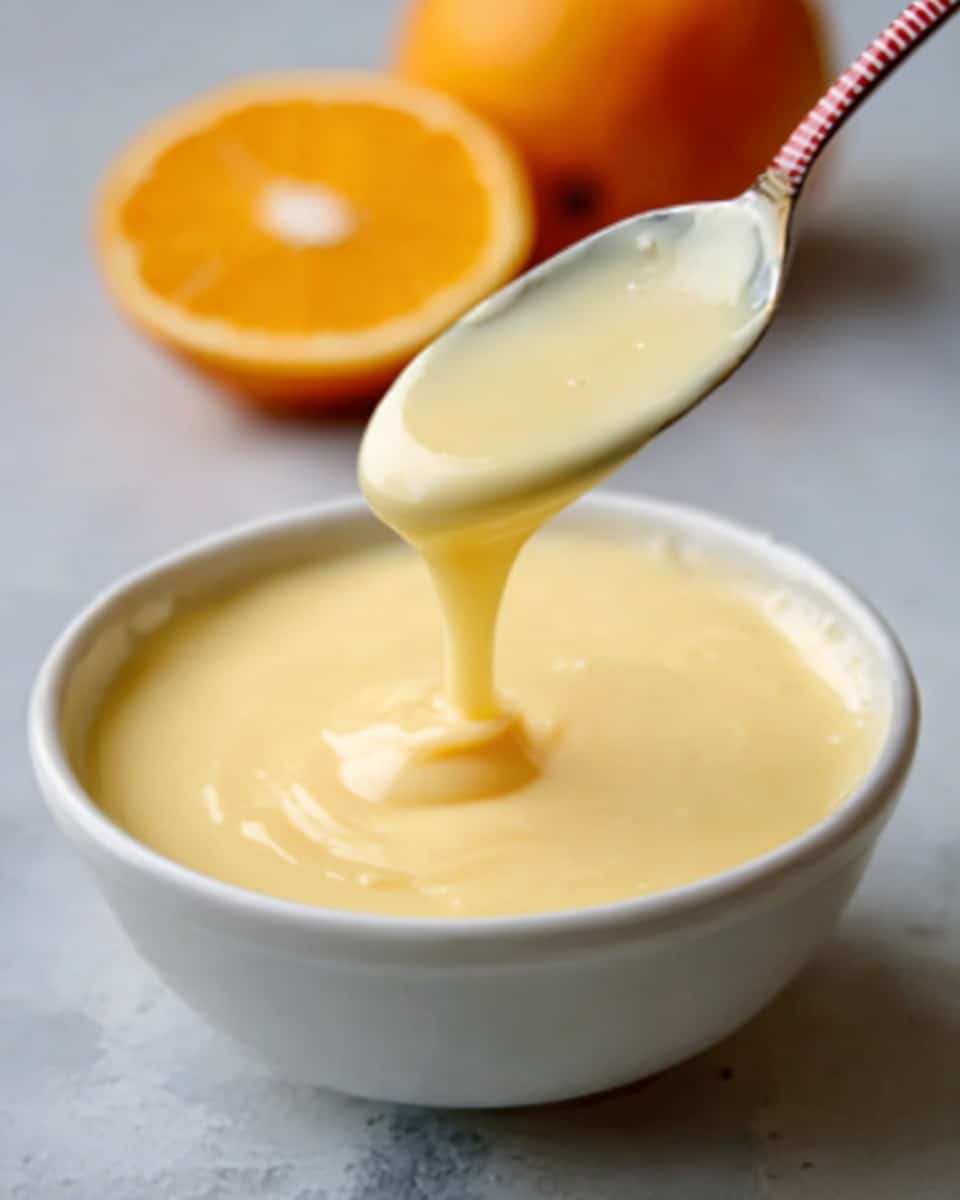 A white bowl filled with smooth, creamy pale yellow sauce or custard. A spoon with a red and white handle is lifting some of the sauce above the bowl, with the sauce slowly dripping back into the bowl, showing its thick and silky texture. In the blurred background, there is a cut orange half, adding a splash of bright orange color to the scene. The surface is a white marbled texture. photo taken with an iphone --ar 4:5 --v 7