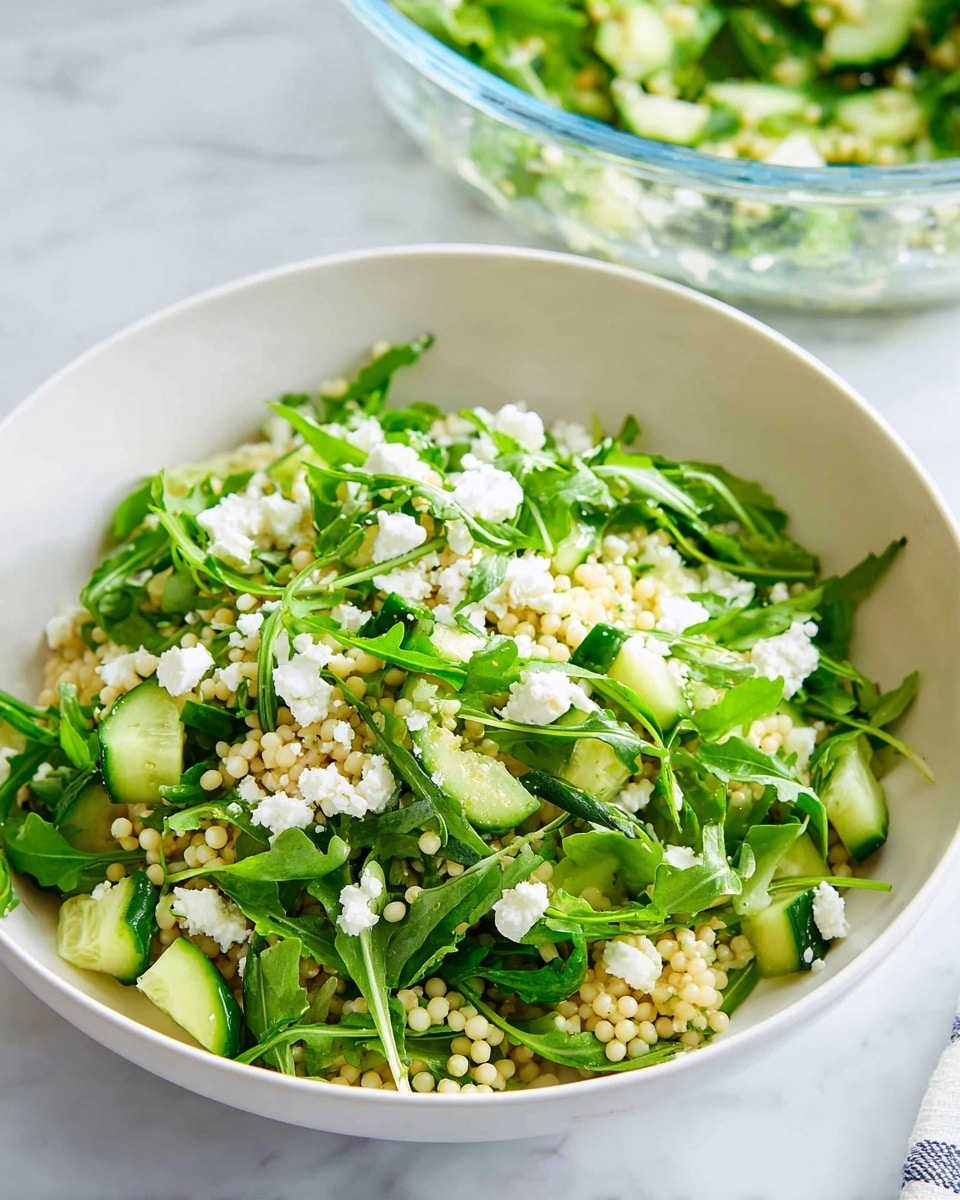 A white bowl filled with a fresh salad showing three main layers: at the bottom, bright green arugula leaves with their long stems scattered throughout; in the middle, light cream-colored couscous pearls adding a grainy texture; and on top, small white crumbles of feta cheese along with vivid green cucumber pieces cut into small chunks, all tossed together with a hint of shine from a light dressing. The bowl is set on a white marbled surface, and in the background, there is a clear glass bowl with more of the salad visible. Photo taken with an iphone --ar 4:5 --v 7