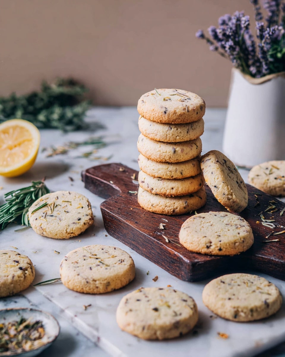 The image shows a group of round cookies with small dark specks, arranged on a dark wooden board placed on a white marbled surface. There is a tall stack of six cookies in the center of the board, with one cookie leaning against the stack. Around the board, more cookies are scattered evenly on the white marbled surface. To the left of the board, there are sprigs of green herbs and a wedge of lemon, while a white vase with small purple flowers is visible in the background on the right. The overall look is clean and rustic with soft natural lighting. photo taken with an iphone --ar 4:5 --v 7