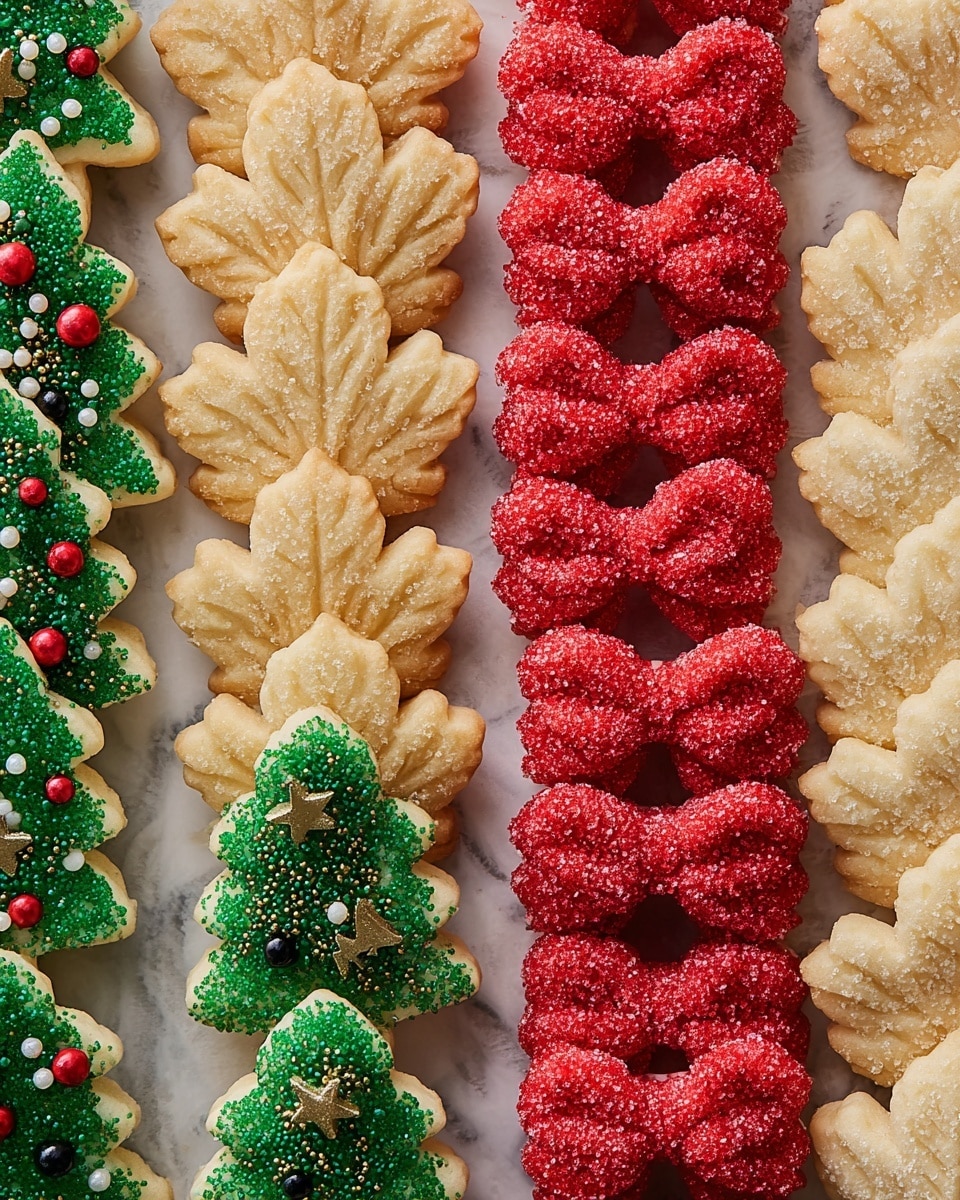 A white plate filled with three types of Christmas cookies: bright red flower-shaped cookies with round petals and white sugar pearls in the center; creamy off-white flower-shaped cookies with a soft texture and small white sugar pearls sprinkled on top; and green Christmas tree-shaped cookies decorated with red, white, and green small round sprinkles that look like garlands. The cookies are placed closely together, covering the plate and showing a festive mix of colors and textures on a white marbled surface. photo taken with an iphone --ar 4:5 --v 7