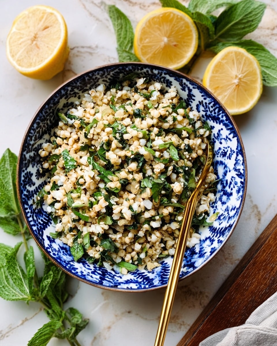 A white bowl with blue patterns on the edges is filled with a mixture of small, round grains and greens. The grains are light beige and white in color, with some small pieces of green herbs spread throughout. Around the bowl, there are fresh green leaves as decoration and two lemon halves in the background. A pair of golden chopsticks rests on the right side of the bowl. The bowl is placed on a white marbled surface. photo taken with an iphone --ar 4:5 --v 7