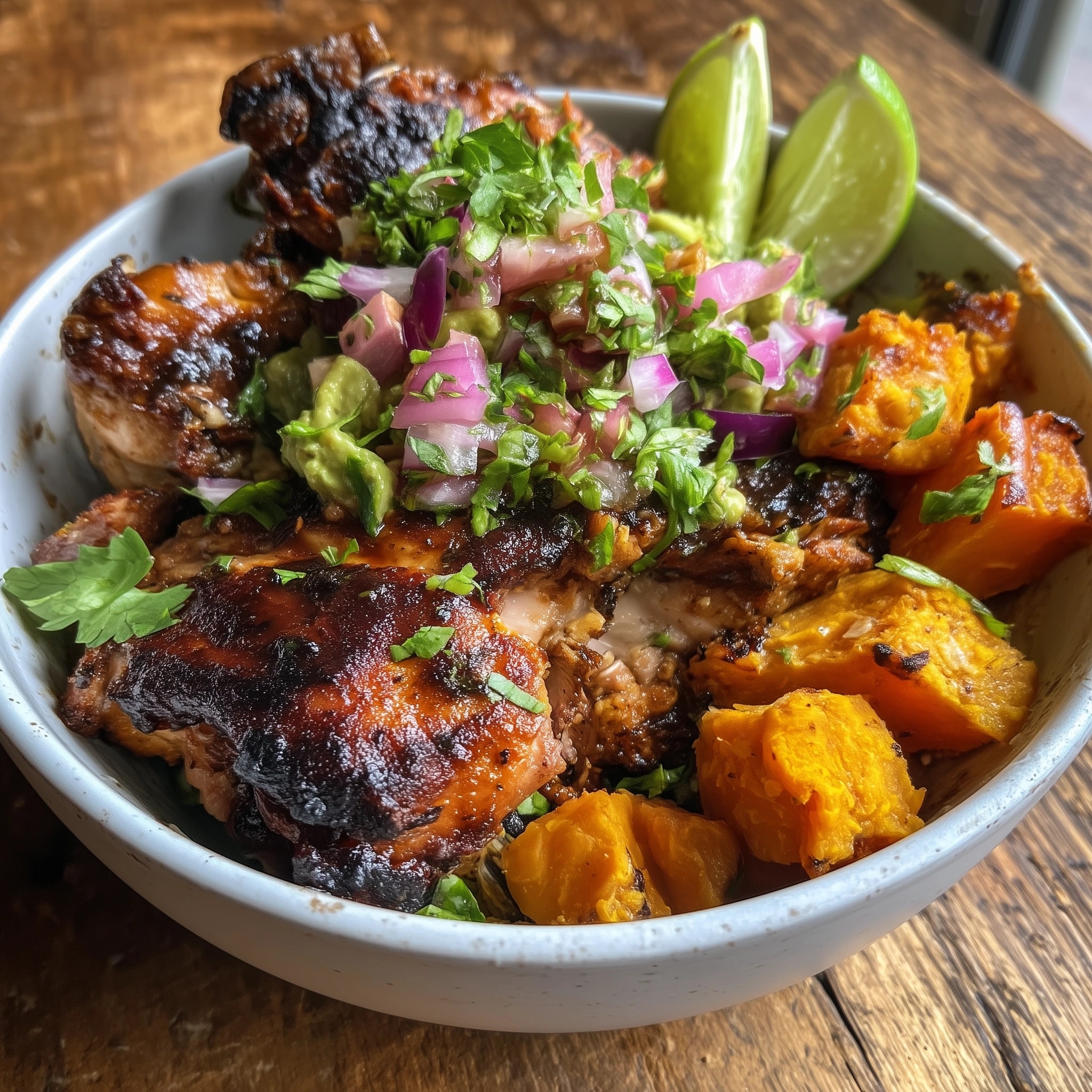 Hot Honey Chicken Thighs with Sweet Potatoes, Brussels Sprouts, and Goat Cheese Recipe - Recipe Image