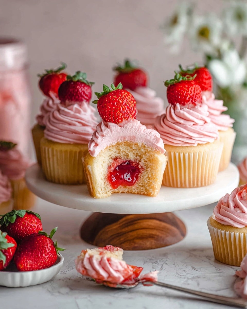 Strawberry Cupcakes with Strawberry Jam and Cream Cheese Frosting Recipe - Recipe Image