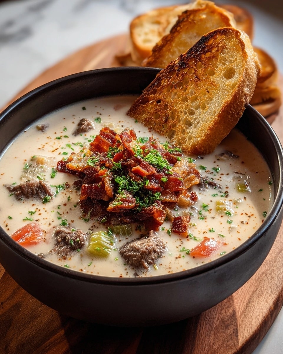One-Pot Philly Cheesesteak Soup with Bacon and Cheesy Toast Recipe - Recipe Image