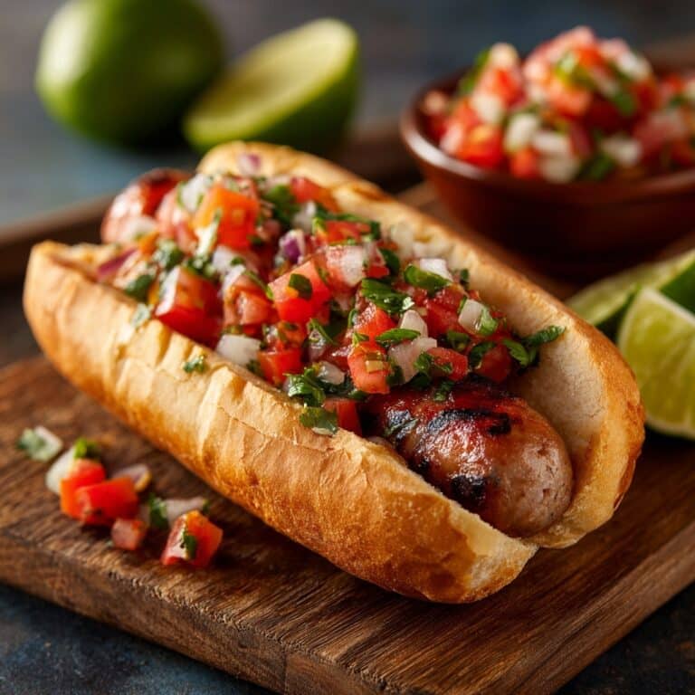 Mexican Bacon-Wrapped Hot Dogs with Sautéed Peppers and Onions Recipe