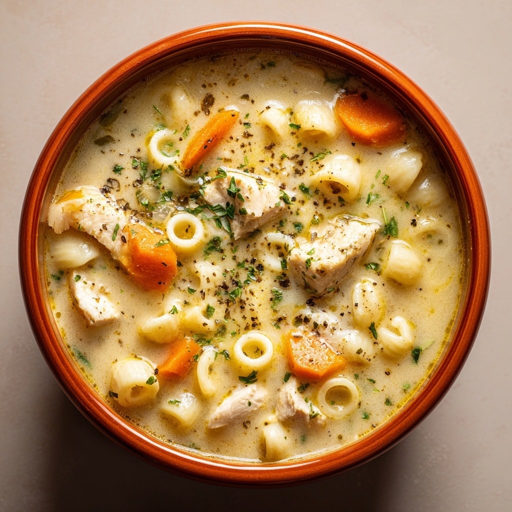 Creamy Chicken Noodle Soup with Crispy Bacon and Mini Croutons Recipe