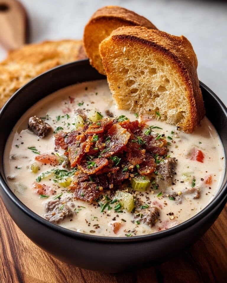 One-Pot Philly Cheesesteak Soup with Bacon and Cheesy Toast Recipe