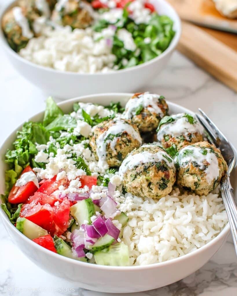 Mediterranean Turkey Meatball Bowls with Lemon Rice and Fresh Veggies Recipe