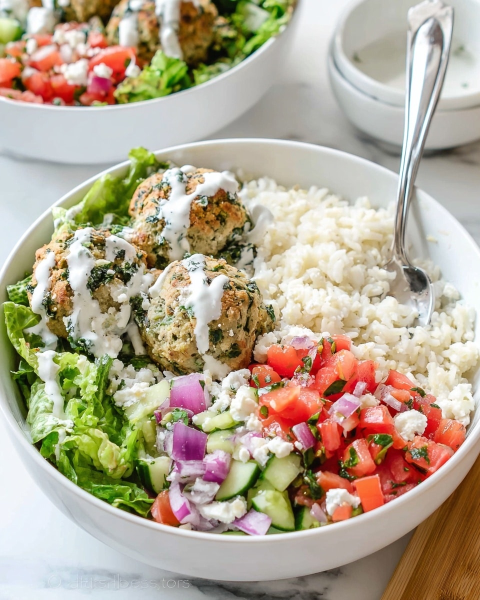 Mediterranean Turkey Meatball Bowls with Lemon Rice and Fresh Veggies Recipe - Recipe Image