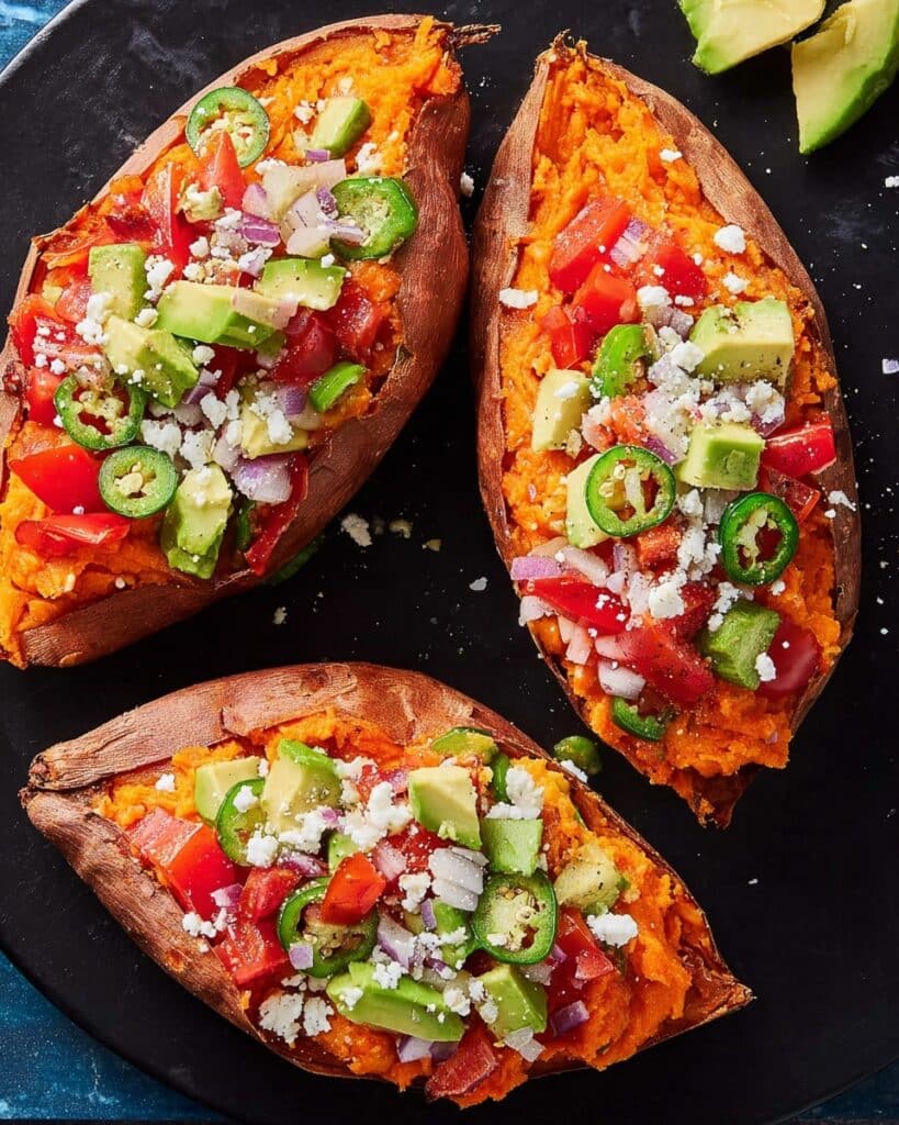 Twice-Baked Sweet Potatoes with Black Beans, Monterey Jack, and Fresh Toppings Recipe
