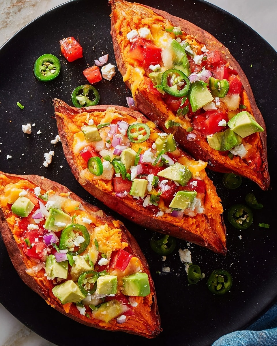 Twice-Baked Sweet Potatoes with Black Beans, Monterey Jack, and Fresh Toppings Recipe - Recipe Image